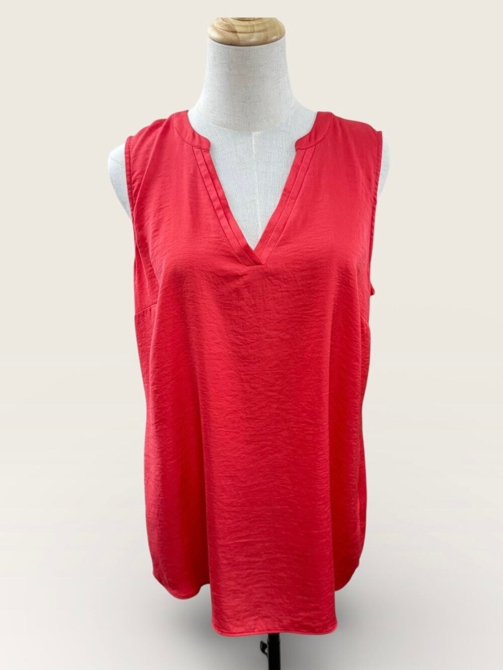 CAbi Rose Sleeveless V Neck Top w/Pleated Neck Detail in Hibiscus Red, Size M
